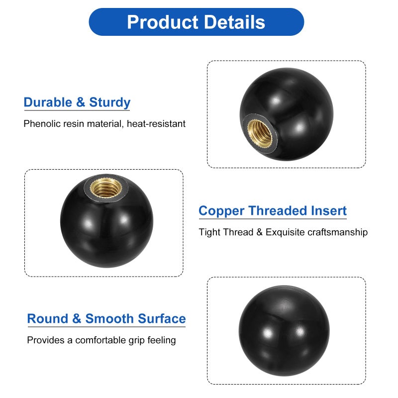 uxcell 2Pcs Threaded Ball Knobs, M8 Female Thread Thermoset Ball Knob 32mm Dia Round Operation Ball Handles with Copper Insert for Machine Lever Handle, Black - Image 4